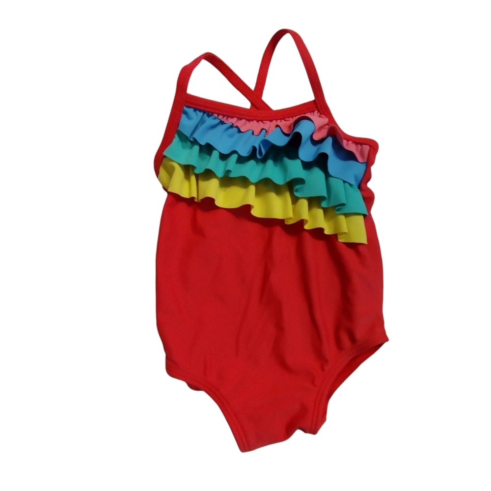 2/$10Like New!Carter's Colorful Ruffled Girls Pink Yellow Blue OnePiece Swimsuit
